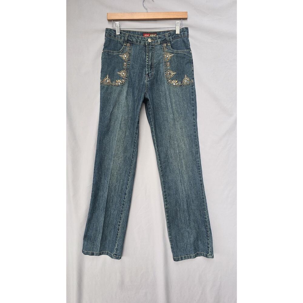 Vintage ASK-II Jeans Womens Large Y2K Straight Leg Embroidered Rhinestone Boho